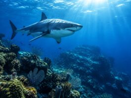 Tubarão-branco nadando sobre um banco de coral no golfo do México