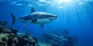 Tubarão-branco nadando sobre um banco de coral no golfo do México