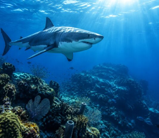 Tubarão-Branco Nadando Sobre Um Banco De Coral No Golfo Do México