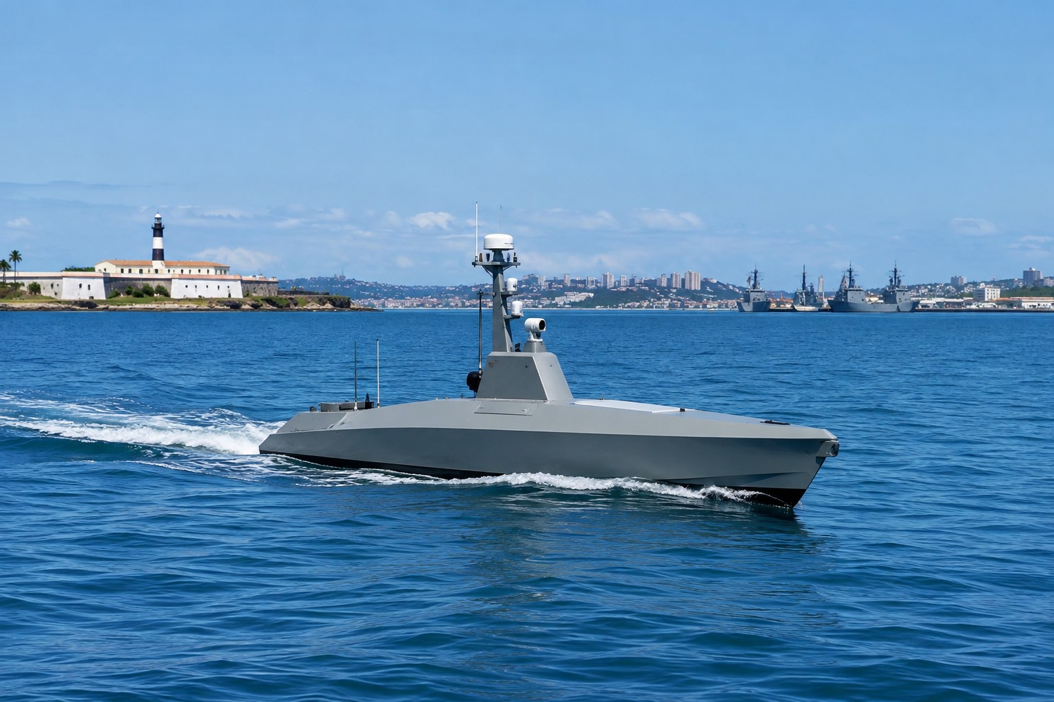 Aramuss 2026 Testa Drones Navais Da Marinha Em Salvador 1 Veículo De Superfície Não Tripulado Da Marinha Do Brasil Navegando No Mar, Representando A Aramuss 2026