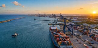 Porto de Suape ganha novas profundidades pela Marinha Vista aérea do porto de Suape com navio porta-contêineres atracado