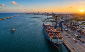 Porto De Suape Ganha Novas Profundidades Pela Marinha Vista Aérea Do Porto De Suape Com Navio Porta-Contêineres Atracado