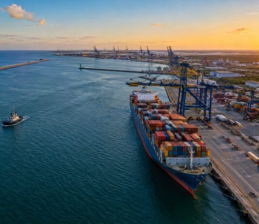 Porto De Suape Ganha Novas Profundidades Pela Marinha Vista Aérea Do Porto De Suape Com Navio Porta-Contêineres Atracado